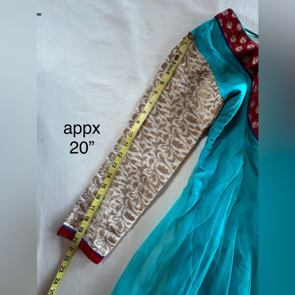 Turquoise Anarkali Pullover Dress with Red & Multicolor Embroidered Hem (Sm~Med) - Picture 9 of 17
